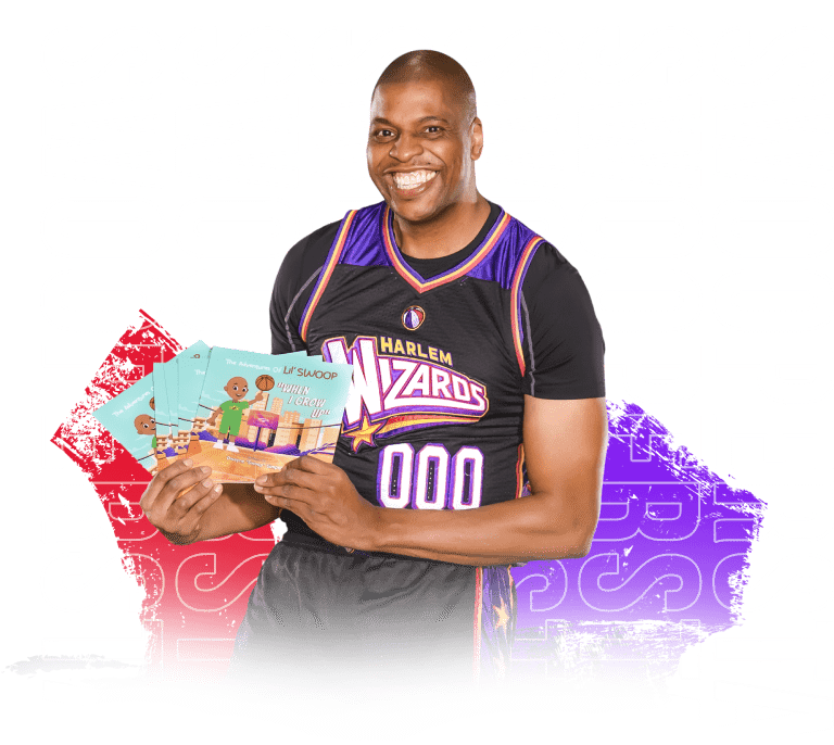 Dwayne Swoop Simpson holding The Adventures of Lil’ Swoop books